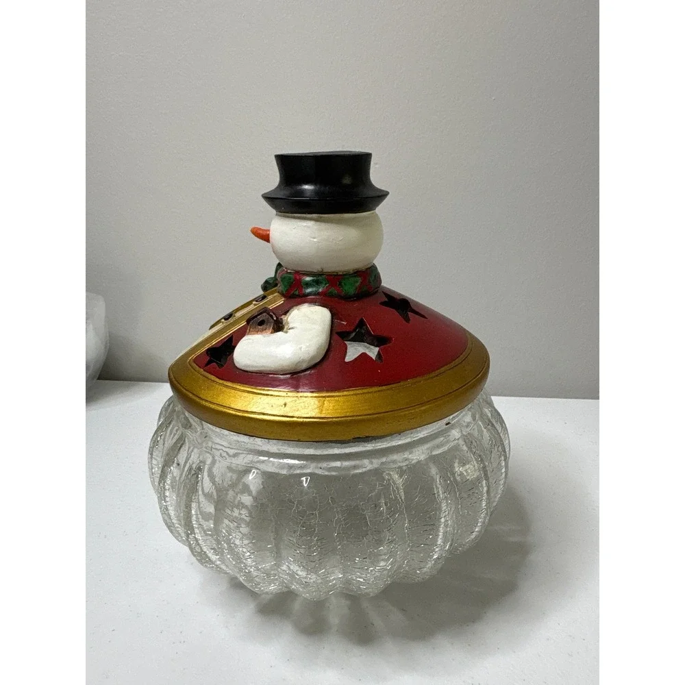 Vintage Christmas Snowman‎ Glass Candy Dish Holiday Decoration Jar
